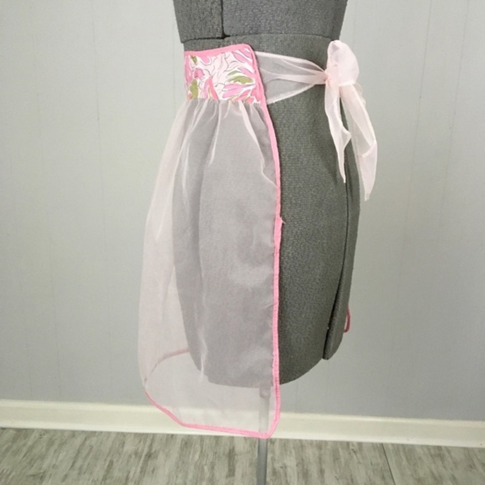 Vintage Pink Half Apron Sheer Chiffon Abstract Lace Tie Back Hostess - Picture 7 of 15